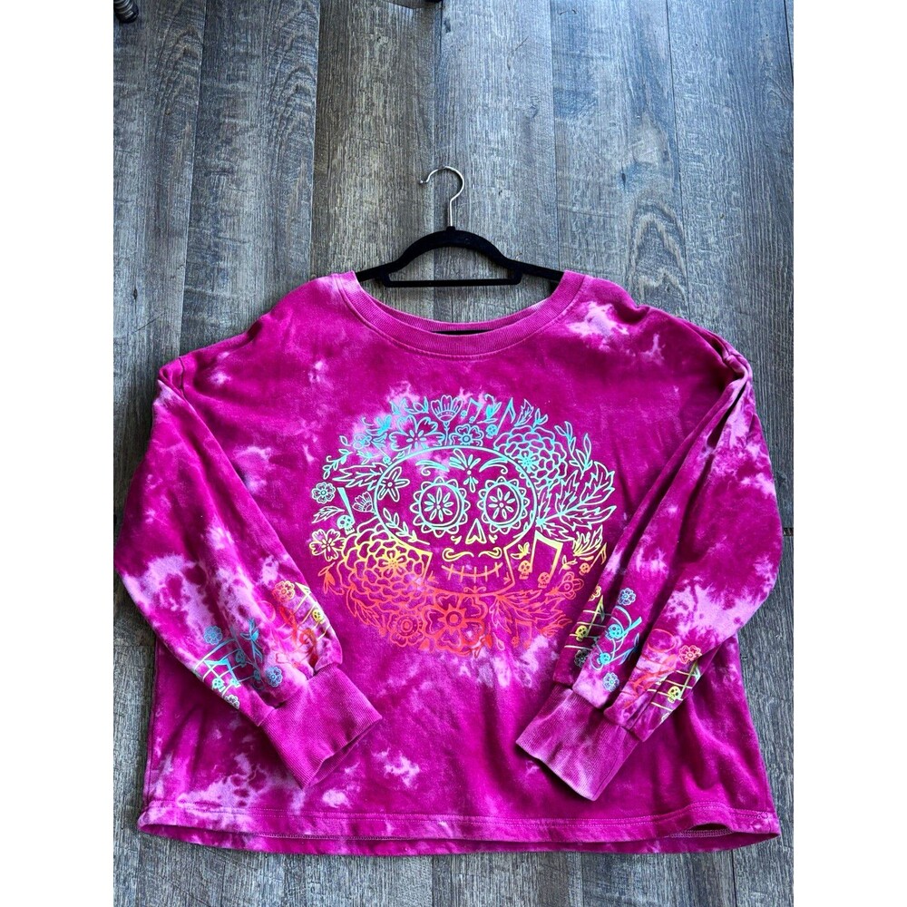 Disney Pink Tie-Dye Skull Graphic Crewneck Fleece Sweatshirt Women’s XL